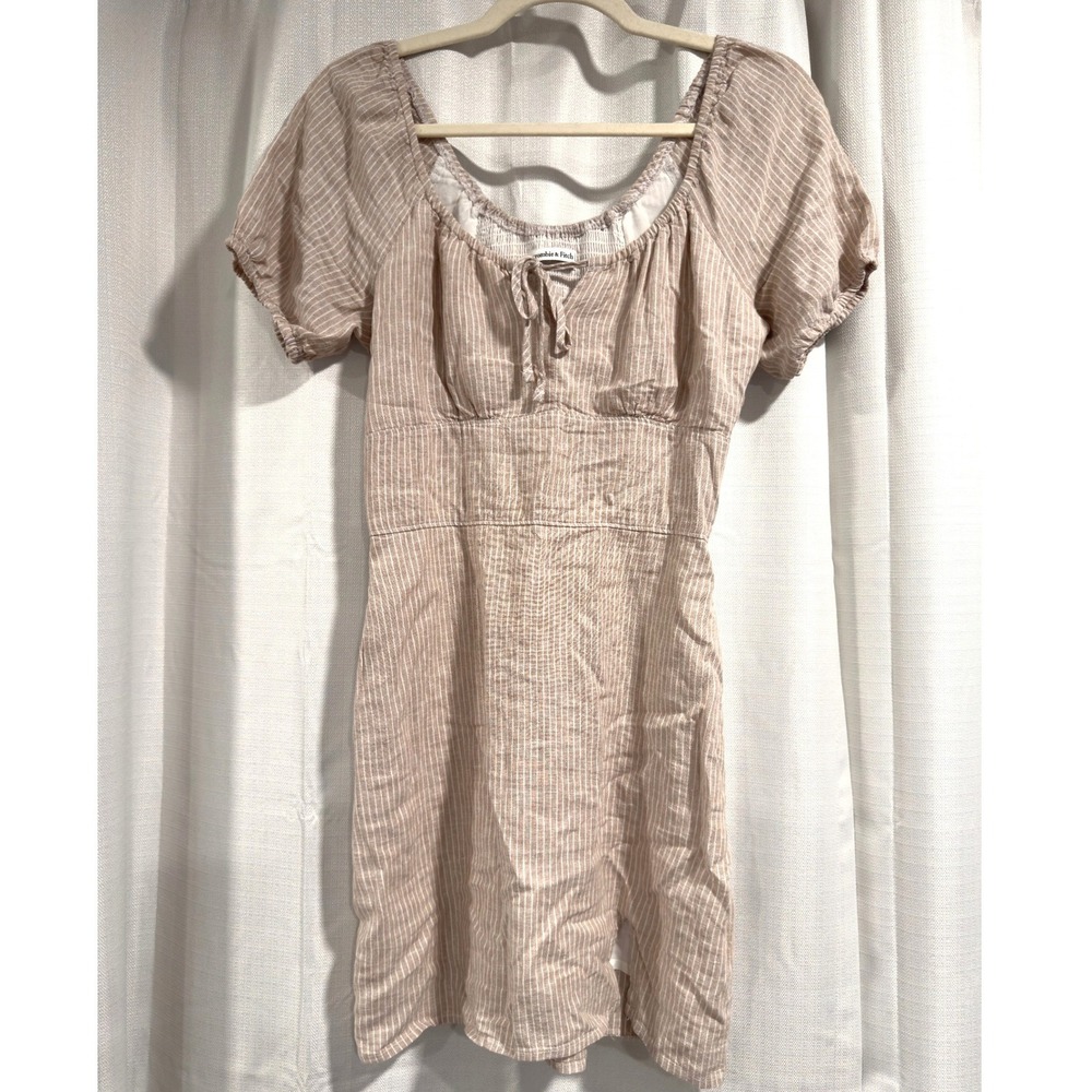 Abercrombie & Fitch Linen Blend Striped Puff Sleeve Mini Dress Tan White XS